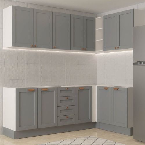Cozinha Modulada 6 Peças sem Tampo 3 Armários Aéreos e Nichos, 3 Balcões CabeCasa MadeiraOriginals Cinza/Branco