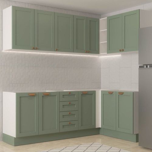 Cozinha Modulada 6 Peças sem Tampo 3 Armários Aéreos e Nichos, 3 Balcões CabeCasa MadeiraOriginals Verde Menta/Branco
