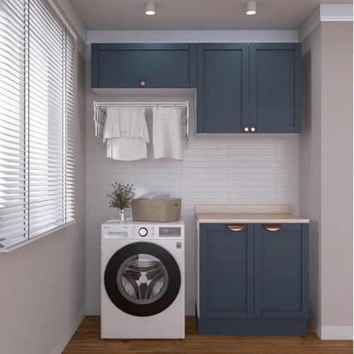 Lavanderia Modulada 3 Peças 2 Armários Aéreos 3 Portas 1 Balcão Arizona CabeCasa MadeiraOriginals Azul/Branco