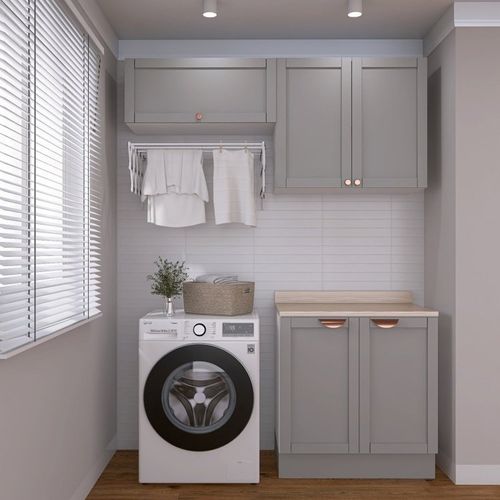 Lavanderia Modulada 3 Peças 2 Armários Aéreos 1 Balcão 2 Portas CabeCasa MadeiraOriginals Cinza/Branco