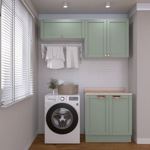 Lavanderia Modulada 3 Peças 2 Armários Aéreos 3 Portas 1 Balcão Arizona CabeCasa MadeiraOriginals Menta/Branco