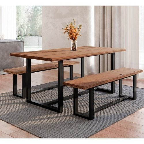 Conjunto de Jantar Mesa 210cm com 2 Bancos Rústico Industrial Lumber CabeCasa MadeiraOriginals Marrom/Preto