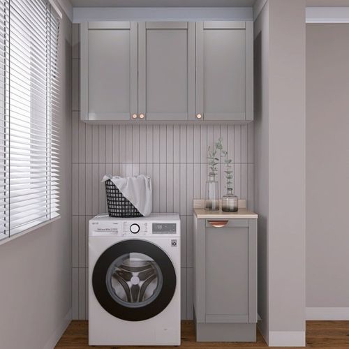 Lavanderia Modulada 2 Peças 1 Armário Aéreo 3 Portas 1 Balcão CabeCasa MadeiraOriginals Cinza/Branco
