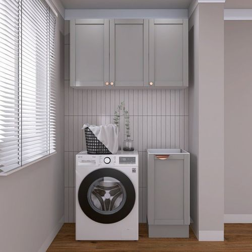 Lavanderia Modulada 2 Peças sem Tampo 1 Armário Aéreo 3 Portas 1 Balcão CabeCasa MadeiraOriginals Cinza/Branco