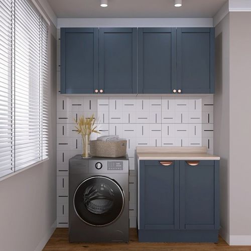 Lavanderia Modulada 3 Peças 2 Armários Aéreos 4 Portas 1 Balcão Arizona CabeCasa MadeiraOriginals Azul/Branco