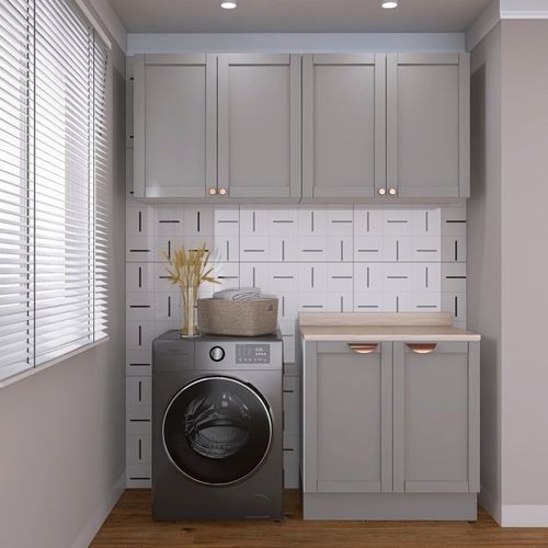 Lavanderia Modulada 3 Peças 2 Armários Aéreos 4 Portas 1 Balcão CabeCasa MadeiraOriginals Cinza/Branco