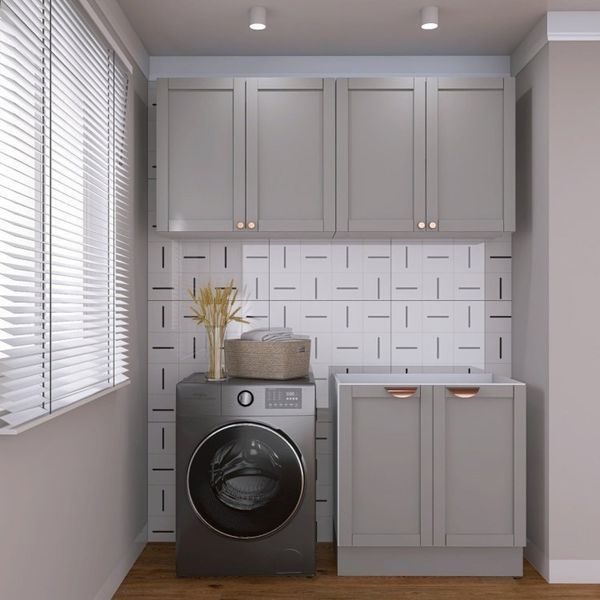 Lavanderia Modulada 3 Peças sem Tampo 2 Armários Aéreos 4 Portas 1 Balcão CabeCasa MadeiraOriginals Cinza/Branco
