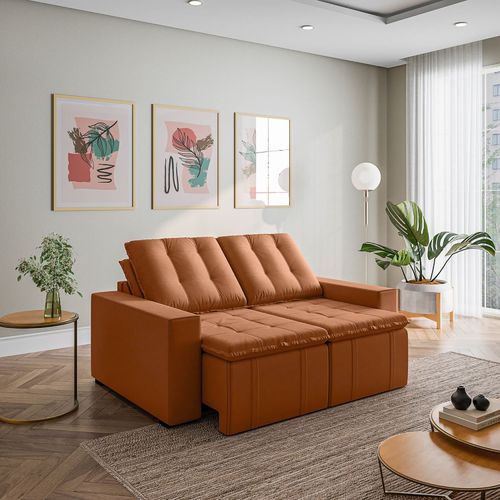 Sofá Cama Retrátil e Reclinável 3 Lugares 180cm em Veludo Palmeira CabeCasa MadeiraOriginals Terracota Terracota