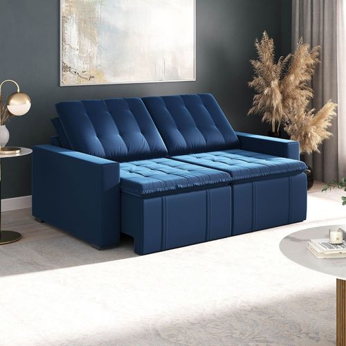 Sofá Cama Retrátil e Reclinável 3 Lugares 200cm em Veludo Palmeira CabeCasa MadeiraOriginals Azul Azul
