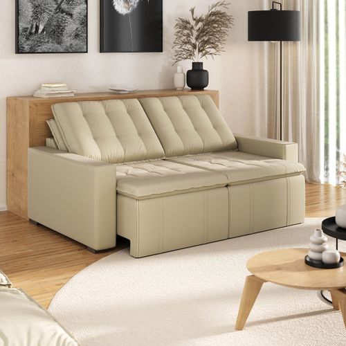Sofá Cama Retrátil e Reclinável 3 Lugares 200cm em Veludo Palmeira CabeCasa MadeiraOriginals Bege Bege