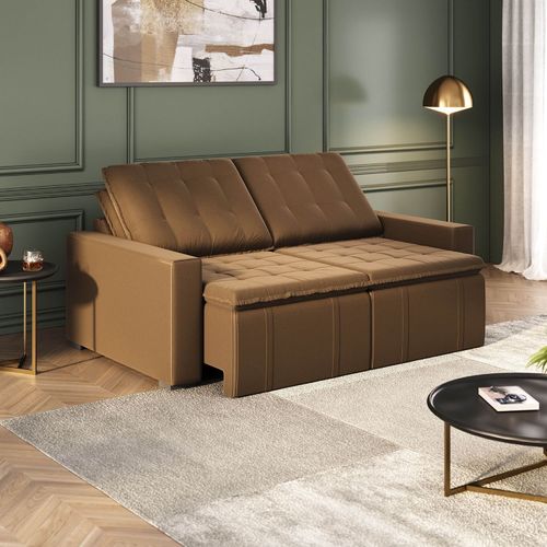 Sofá Cama Retrátil e Reclinável 3 Lugares 200cm em Veludo Palmeira CabeCasa MadeiraOriginals Marrom Marrom