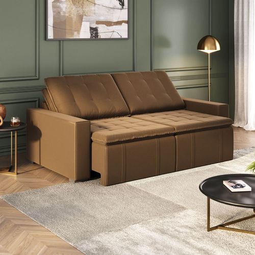 Sofá Cama Retrátil e Reclinável 3 Lugares 220cm em Veludo Palmeira CabeCasa MadeiraOriginals Marrom Marrom
