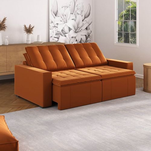 Sofá Cama Retrátil e Reclinável 3 Lugares 220cm em Veludo Palmeira CabeCasa MadeiraOriginals Terracota Terracota
