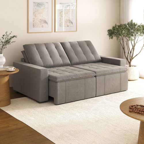 Sofá Cama Retrátil e Reclinável 3 Lugares 220cm em Linho Palmeira CabeCasa MadeiraOriginals Marrom Marrom