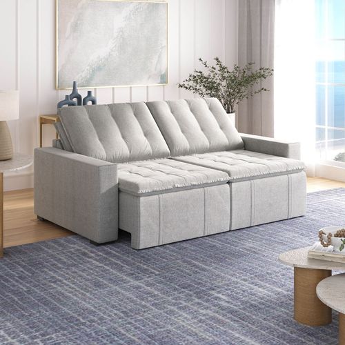 Sofá Cama Retrátil e Reclinável 3 Lugares 220cm em Linho Palmeira CabeCasa MadeiraOriginals Cinza Cinza