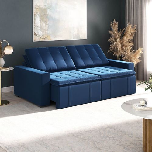 Sofá Cama Retrátil e Reclinável 4 Lugares 240cm em Veludo Palmeira CabeCasa MadeiraOriginals Azul Azul