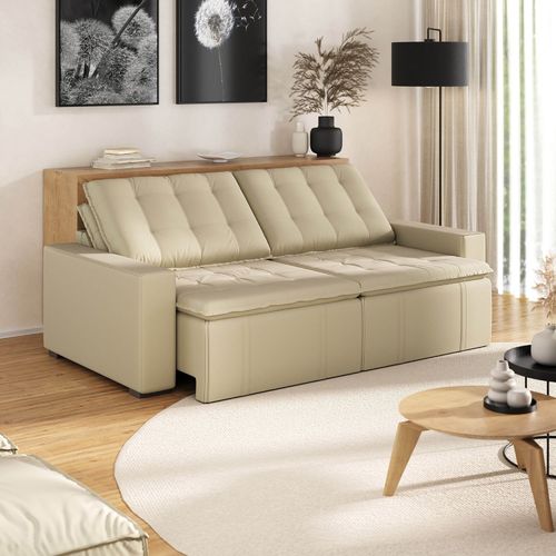 Sofá Cama Retrátil e Reclinável 4 Lugares 240cm em Veludo Palmeira CabeCasa MadeiraOriginals Bege Bege