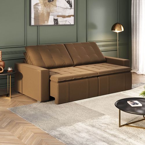 Sofá Cama Retrátil e Reclinável 4 Lugares 240cm em Veludo Palmeira CabeCasa MadeiraOriginals Marrom Marrom