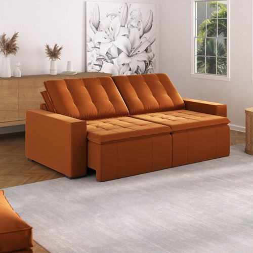 Sofá Cama Retrátil e Reclinável 4 Lugares 240cm em Veludo Palmeira CabeCasa MadeiraOriginals Terracota Terracota