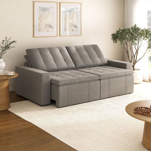 Sofá Cama Retrátil e Reclinável 4 Lugares 240cm em Linho Palmeira CabeCasa MadeiraOriginals Marrom Marrom