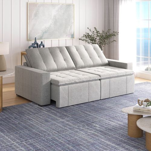 Sofá Cama Retrátil e Reclinável 4 Lugares 240cm em Linho Palmeira CabeCasa MadeiraOriginals Cinza Cinza