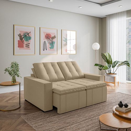 Sofá Cama Retrátil e Reclinável 3 Lugares 180cm em Veludo Palmeira CabeCasa MadeiraOriginals Bege Bege