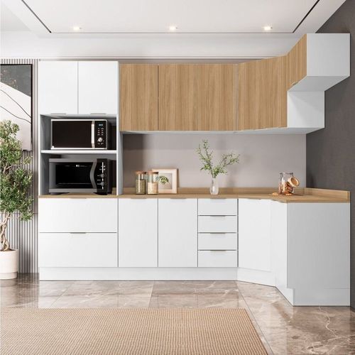 Cozinha Modulada 7 Peças 1 Tampo 3 Aéreos 3 Balcões e Torre Quente Ipanema CabeCasa MadeiraOriginals Branco/Acácia