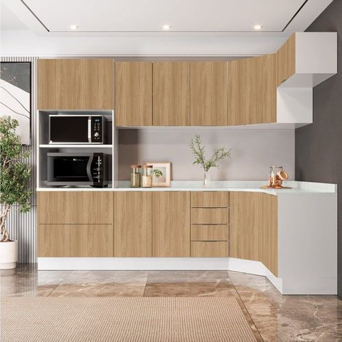 Cozinha Modulada 7 Peças 1 Tampo 3 Aéreos 3 Balcões e Torre Quente Ipanema CabeCasa MadeiraOriginals Acácia