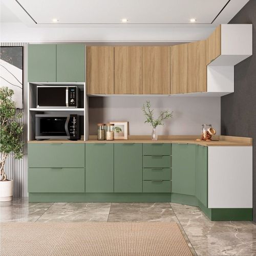 Cozinha Modulada 7 Peças 1 Tampo 3 Aéreos 3 Balcões e Torre Quente Ipanema CabeCasa MadeiraOriginals Verde/Amadeirado