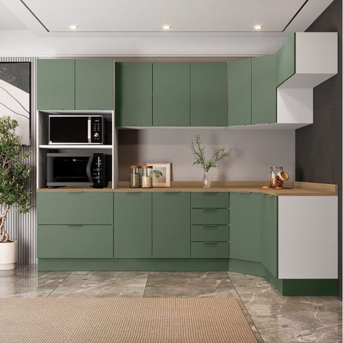 Cozinha Modulada 7 Peças 1 Tampo 3 Aéreos 3 Balcões e Torre Quente Ipanema CabeCasa MadeiraOriginals Verde