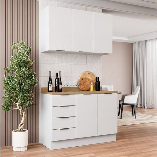 Cozinha Modulada 2 Peças com Tampo 1 Aéreo 3 Portas e 1 Balcão Pia Ipanema CabeCasa MadeiraOriginals Branco