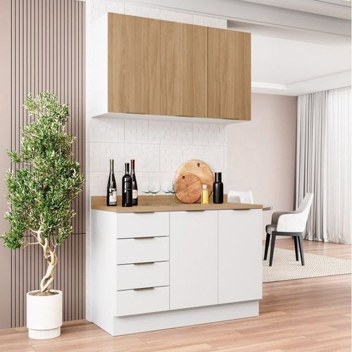 Cozinha Modulada 2 Peças com Tampo 1 Aéreo 3 Portas e 1 Balcão Pia Ipanema CabeCasa MadeiraOriginals Branco/Acácia