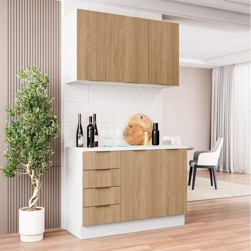 Cozinha Modulada 2 Peças com Tampo 1 Aéreo 3 Portas e 1 Balcão Pia Ipanema CabeCasa MadeiraOriginals Acácia