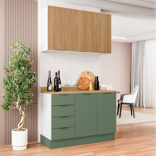 Cozinha Modulada 2 Peças com Tampo 1 Aéreo 3 Portas e 1 Balcão Pia Ipanema CabeCasa MadeiraOriginals Verde/Amadeirado