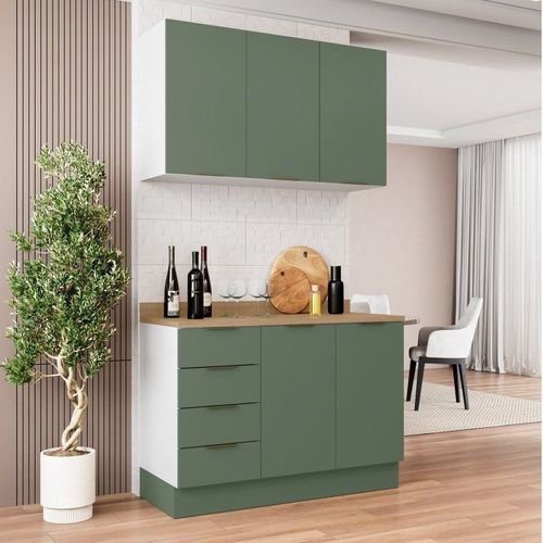 Cozinha Modulada 2 Peças com Tampo 1 Aéreo 3 Portas e 1 Balcão Pia Ipanema CabeCasa MadeiraOriginals Verde