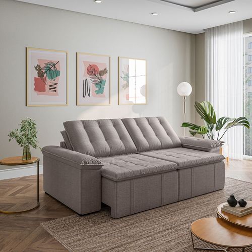Sofá Cama Retrátil e Reclinável 3 Lugares 260cm Linho com Molas Palmeira CabeCasa MadeiraOriginals Castor Castor