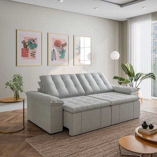 Sofá Cama Retrátil e Reclinável 3 Lugares 260cm Linho com Molas Palmeira CabeCasa MadeiraOriginals Cinza Cinza
