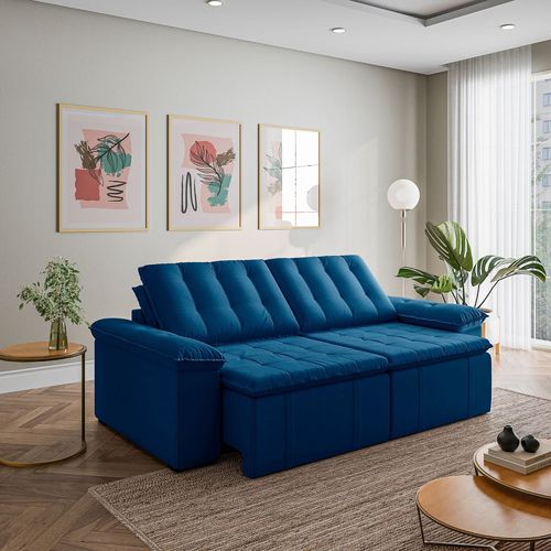 Sofá Cama Retrátil e Reclinável 3 Lugares 260cm Veludo com Molas Palmeira CabeCasa MadeiraOriginals Azul Azul