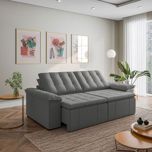 Sofá Cama Retrátil e Reclinável 3 Lugares 260cm Veludo com Molas Palmeira CabeCasa MadeiraOriginals Cinza Cinza