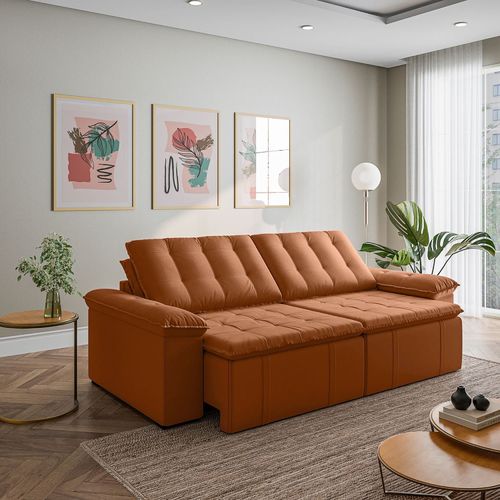 Sofá Cama Retrátil e Reclinável 4 Lugares 280cm Veludo com Molas Palmeira CabeCasa MadeiraOriginals Terracota Terracota