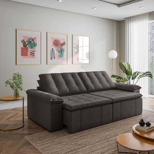 Sofá Cama Retrátil e Reclinável 4 Lugares 280cm Linho com Molas Palmeira CabeCasa MadeiraOriginals Grafite Grafite