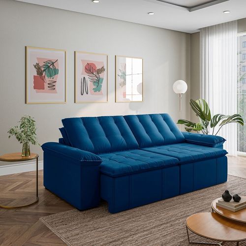 Sofá Cama Retrátil e Reclinável 4 Lugares 280cm Veludo com Molas Palmeira CabeCasa MadeiraOriginals Azul Azul