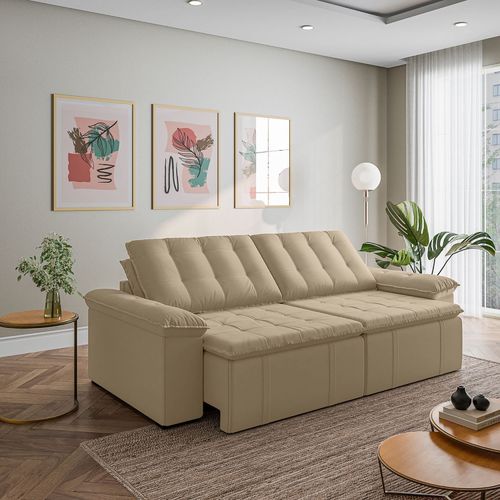 Sofá Cama Retrátil e Reclinável 4 Lugares 280cm Veludo com Molas Palmeira CabeCasa MadeiraOriginals Bege Bege