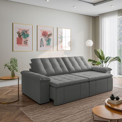 Sofá Cama Retrátil e Reclinável 4 Lugares 280cm Veludo com Molas Palmeira CabeCasa MadeiraOriginals Cinza Cinza