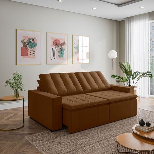 Sofá Cama Retrátil e Reclinável 3 Lugares 260cm em Veludo Palmeira CabeCasa MadeiraOriginals Marrom Marrom