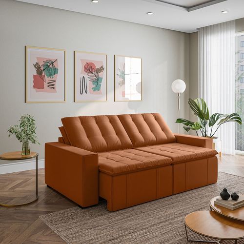 Sofá Cama Retrátil e Reclinável 3 Lugares 260cm em Veludo Palmeira CabeCasa MadeiraOriginals Terracota Terracota