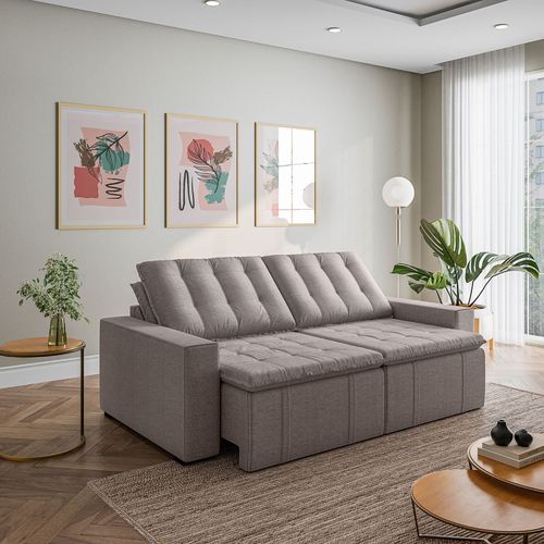 Sofá Cama Retrátil e Reclinável 3 Lugares 260cm em Linho Palmeira CabeCasa MadeiraOriginals Castor Castor