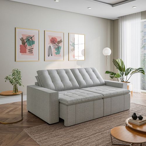 Sofá Cama Retrátil e Reclinável 3 Lugares 260cm em Linho Palmeira CabeCasa MadeiraOriginals Cinza Cinza