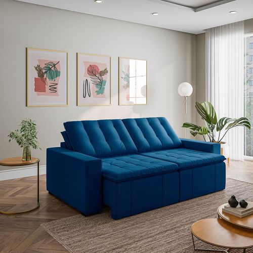 Sofá Cama Retrátil e Reclinável 3 Lugares 260cm em Veludo Palmeira CabeCasa MadeiraOriginals Azul Azul
