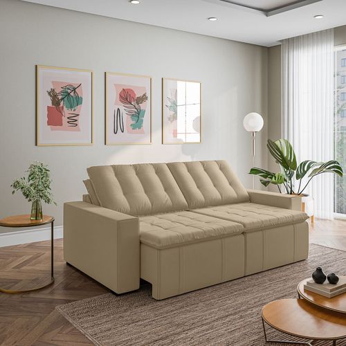 Sofá Cama Retrátil e Reclinável 3 Lugares 260cm em Veludo Palmeira CabeCasa MadeiraOriginals Bege Bege